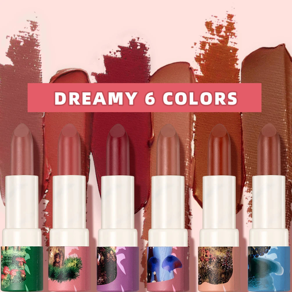 Rouge à lèvres Fantasy 6 couleurs en forme de champignon — maquillage longue tenue, rouge velours sexy, teinte pour les lèvres hydratante, gloss nude, cosmétique pour femmes.